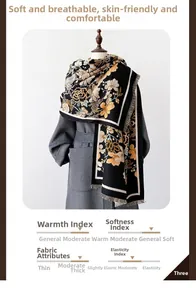 Detail of black floral scarf with golden fringe paired with a gray coat on mannequin