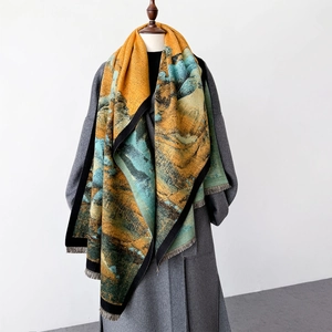 Traditional Chinese landscape painting pashmina scarf with thick fabric and fringe