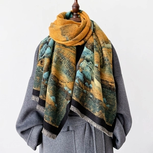 Artistic thick double-sided shawl with landscape oil painting pattern and short fringe