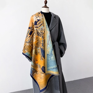 Winter faux cashmere scarf with vintage Chinese landscape print and fringe detail