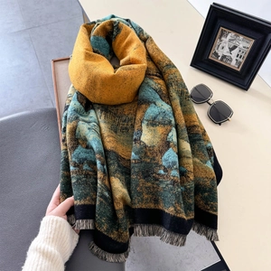 Artistic oil painting style thick landscape shawl with tassels for women winter fashion