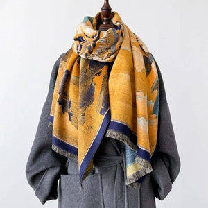 Artistic oil painting style thick cashmere scarf with yellow abstract print and fringe