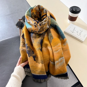 Winter thick oil painting style cashmere scarf with fringes and mountain print