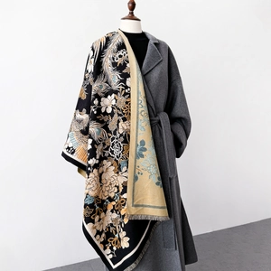 Ethnic floral print shawl with traditional bird pattern on thick winter scarf wrap