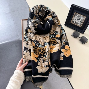 Thick floral jacquard pashmina shawl with tassel edges and vintage black print