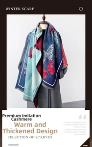 Detail of faux cashmere scarf with blue and red butterfly patterns on thick warm fabric