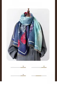 Detail of blue gradient cashmere scarf with red butterfly embroidery and fringe edges