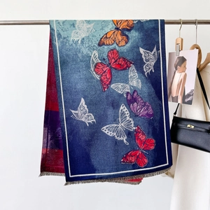 Classic Chinese style faux cashmere scarf with large butterfly print and tassel detail