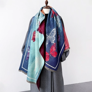 Butterfly Print Scarf Shawl Imitation Cashmere Warm Winter Large Wrap With Tassels Chinese Style Elegant For Women