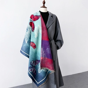 Elegant butterfly print faux cashmere shawl with tassels and gradient blue-purple tones