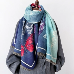 Premium thick cashmere-feel scarf with blue butterfly print and tassel edges