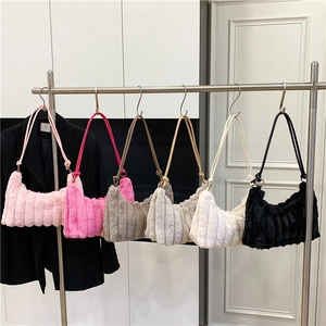 Women Large Capacity Plush Faux Fur Tote Bag Striped Shoulder Bag Soft Fuzzy Underarm Bag Zipper Daily Commute Handbag