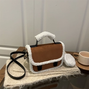 Women Vintage Suede Crossbody Bag With Faux Lamb Wool Patchwork Flap Handbag And Mini Round Coin Purse Pendant