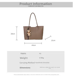 Detailed size chart of a large brown PU leather tote bag with product dimensions and specs