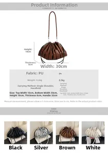 Detailed size specifications and color options for the pleated cloud bucket bag