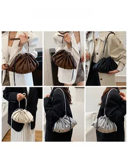 Chic ruched bucket bag in four colors shown with model outfits for style reference