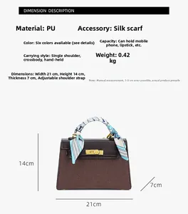 Detailed size chart for retro PU handbag with silk scarf handle and dimensions