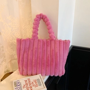 Sac Cabas Femme Fausse Fourrure Peluche Sac À Main Rayé Poilu Bandoulière Poignées Pompon Mode Hiver Doux Chaud
