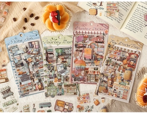 Macro view of vintage aesthetic stationery stickers for DIY scrapbooking and planners