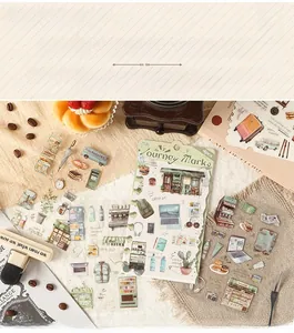 Detailed view of vintage travel stickers featuring cameras and suitcases for DIY journals