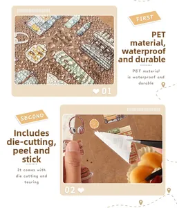 Close-up of waterproof PET daily life stickers showing the easy peel-off die-cut feature