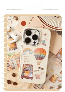 Detailed travel-themed iPhone case with hand-drawn hot air balloon and suitcase motifs