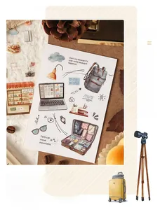 Close-up of vintage PET stickers with travel icons like cameras and bags for DIY scrapbooking