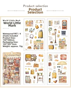 Waterproof PET decorative stickers set for DIY journals featuring lifestyle travel icons