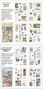 Detail view of waterproof PET sticker sheets for scrapbooking with travel themed illustrations