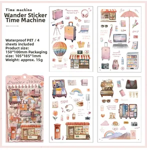 Detail view of 4-sheet waterproof PET travel stickers with vintage hand-drawn illustrations