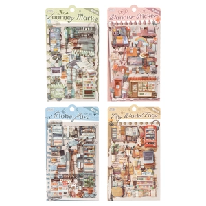Set of 4 vintage travel PET stickers featuring coffee, cameras and travel icons