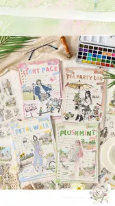 Macro detail of large size vintage DIY sticker books with assorted decorative motifs