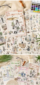 Macro detail of cozy life theme stickers with PETAL WALK character illustrations and 300 pieces
