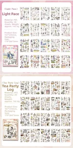 Detail view of PET decorative sticker book set with hand-drawn vintage illustrations