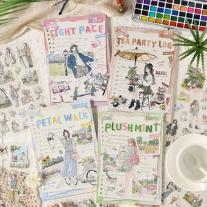 Artistic collection of four themed sticker books with lifestyle illustrations