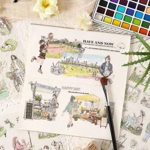 Creative PET sticker set with sports and city life illustrations for scrapbooking deco