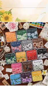 Close-up of 16-color vintage floral ink pads with eco-cotton and neutral ink details