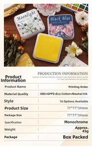 Detailed view of vintage craft ink pads for scrapbooking with specific size and material specs