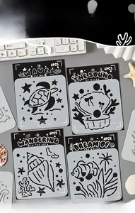 Detailed view of 6-piece PET ocean stencils with sea turtles, shells, and tropical fish patterns