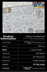 Detail view of 6 waterproof PET sea animal drawing stencils sized 130x130mm