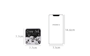 Ink pad sized 7.7cm x 7.7cm compared with an iPhone 12 for scale reference