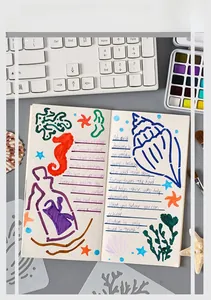 Detail of marine life PET drawing stencil showing painted seahorse and jellyfish icons