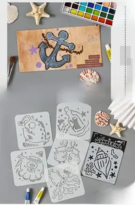 Detail showing 6PCS ocean series plastic stencils with fish, crab and jellyfish designs