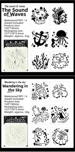 Macro shot of 6-piece waterproof PET ocean stencil set with shell and coral cutout details