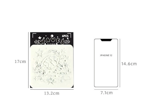 Size comparison of 6-piece ocean theme PET drawing stencils against an iPhone 12 outline