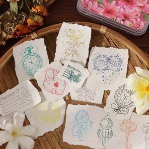 Assorted vintage aesthetic decorative papers with handmade torn edges and retro motifs