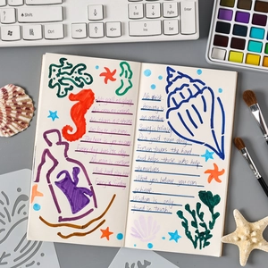 DIY ocean theme PET painting stencils with sea life patterns on artistic notebook