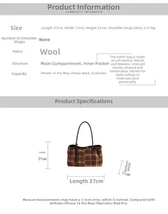 Detailed size specifications for the plaid wool tote bag showing 37x11x21cm dimensions