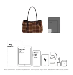 Detailed capacity view of plaid tote bag fitting 11-inch iPad Pro and daily essentials