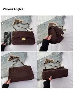 Detailansichten der dunkelbraunen Stepptasche aus verschiedenen Winkeln mit Goldbeschlägen